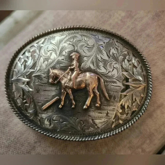 Vintage Vogt Sterling Silver 18 k gold buckle, keeper, tip and bridle rosette. - Picture 2 of 15